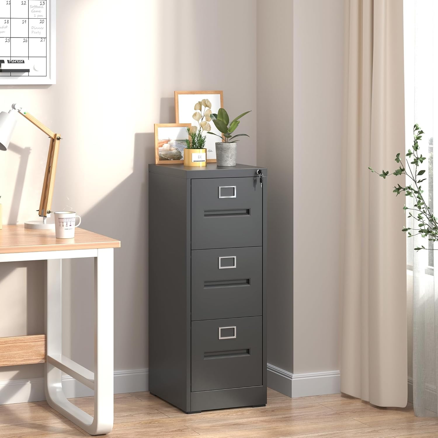 File Cabinet, 3 Drawers Vertical File Cabinets with Lock for Home Office,Heavy Duty Office Steel Filing Cabinet for Hanging Letters/Legal/A4, Assembly Required,Black