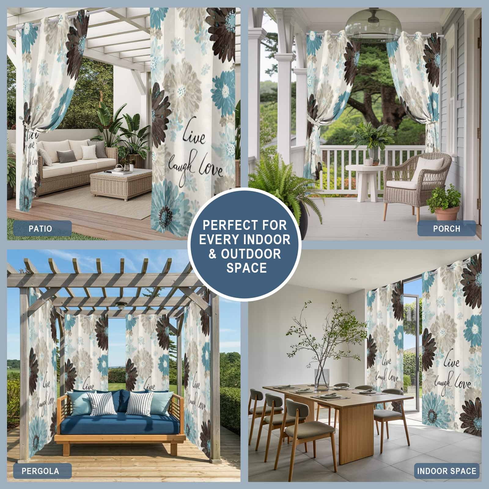 Brown Blue Flower Outdoor Curtains for Patio, Laugh Love Live Plant Farmhouse Sunshade Privacy Drapes Grommet Waterproof Outside Curtains for Porch/Cabana/Balcony 54"x 108", 1 Panel