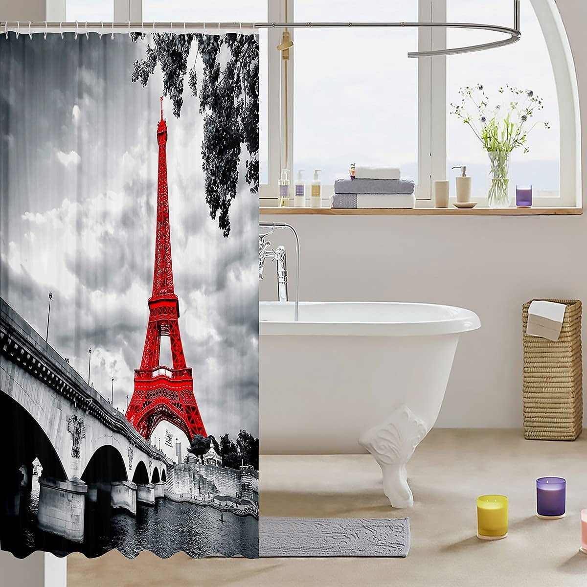 Eiffel Tower Shower Curtain Chic Paris Theme Bathroom Shower Curtain for Stalls Bathtubs Bright Red Paris Cityscape Bath Curtain Modern French Style Waterproof Curtain Room Decor 72Wx84L