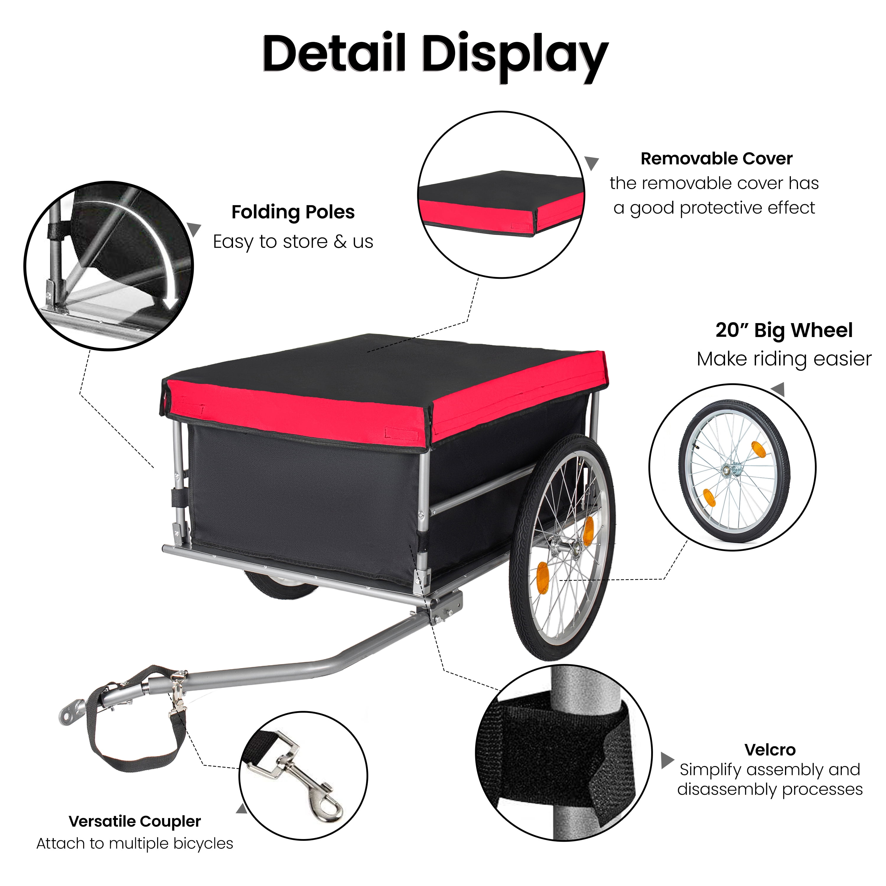 Foldable Bicycle Cargo Trailer, 20" Wheels, Removable Cover, Folding Frame Quick Release, 120LBS Capacity for Luggage, Tools, Groceries