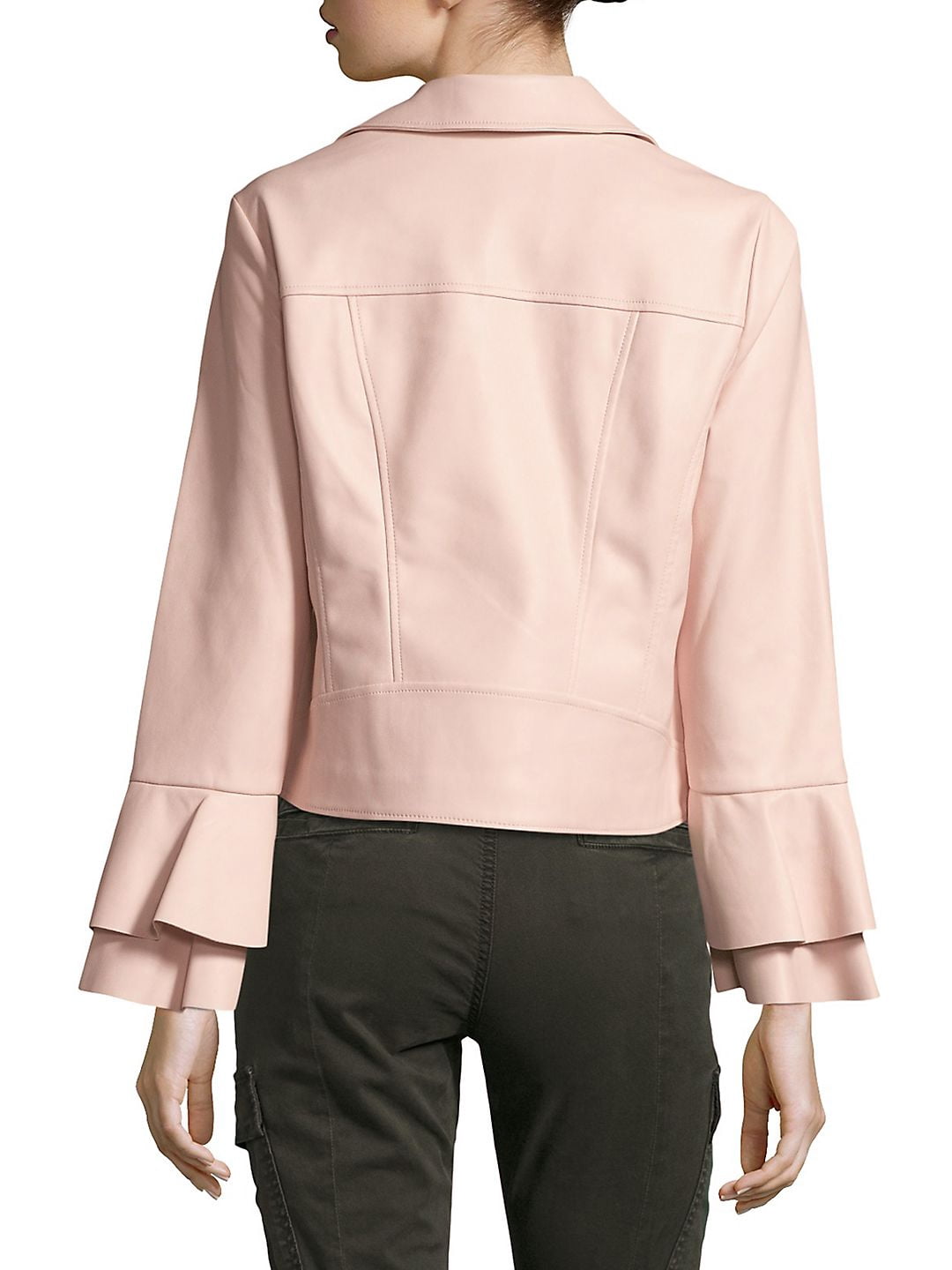 CoffeeShop Faux Leather Jacket with Ruffle Sleeve
