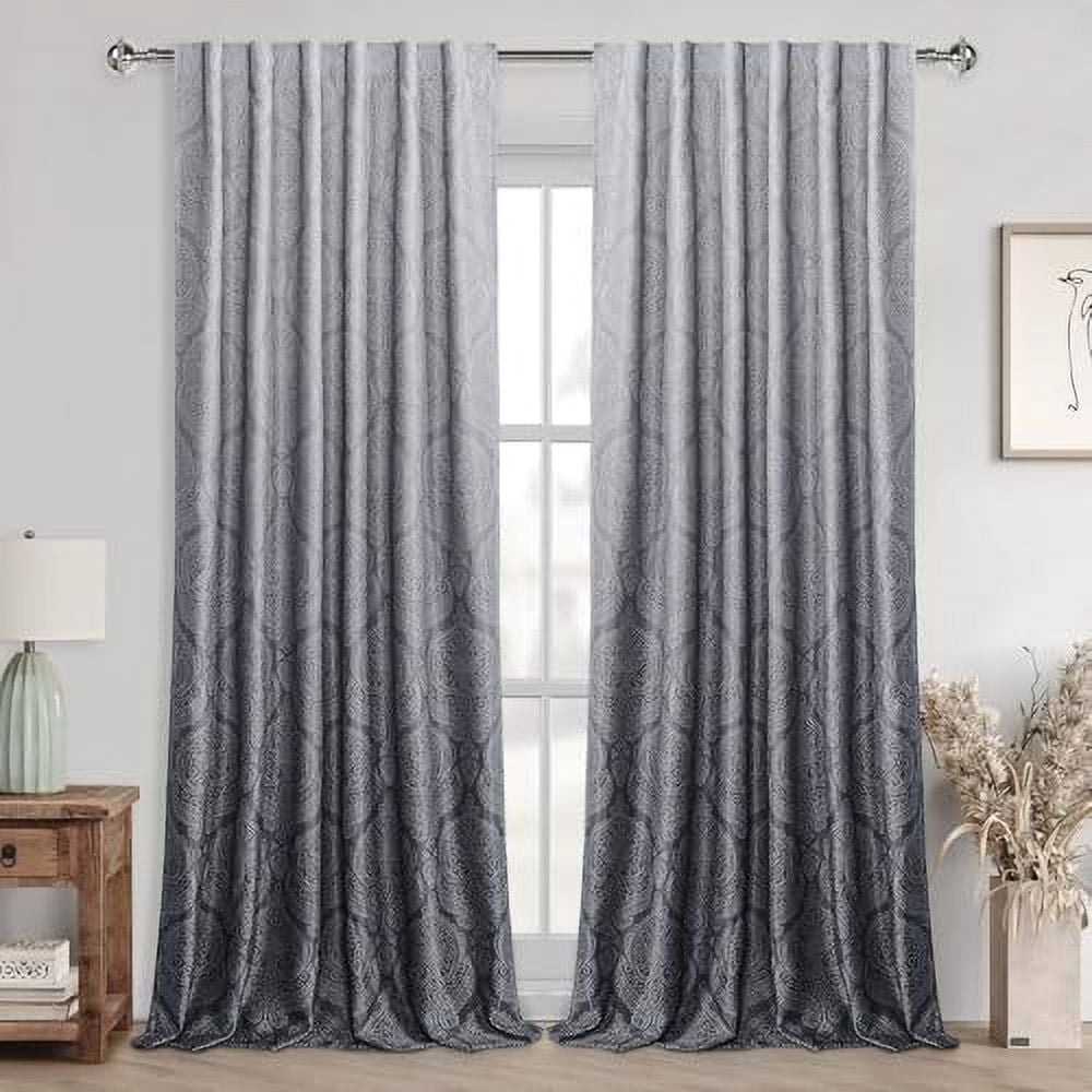 Hiasan Grey Ombre Room Darkening Curtains for Bedroom - Back Tab Damask Design Thermal Insulted Tieable Window Drapes Light Blocking Curtains for Living Room, Hotel, 2 Panels, W52 x L102, Gray