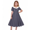 thumbnail image 6 of XUNKUSGA Girls Dresses 1950S Retro Dress Short Sleeve Shawl Collar Summer Dress Vintage Plaid Print Buttoned Slim Fit Swing Dress for Party Wedding,Black,12-13 Years, 6 of 6