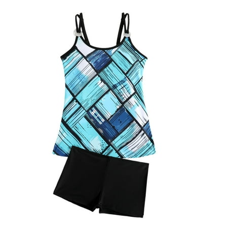 Arnsht Women s Printed Tummy Control Tankini Sets for Two Piece Bikini Swimsuits Blouson Tank Top with Boyshorts Bathing Suits Blue M