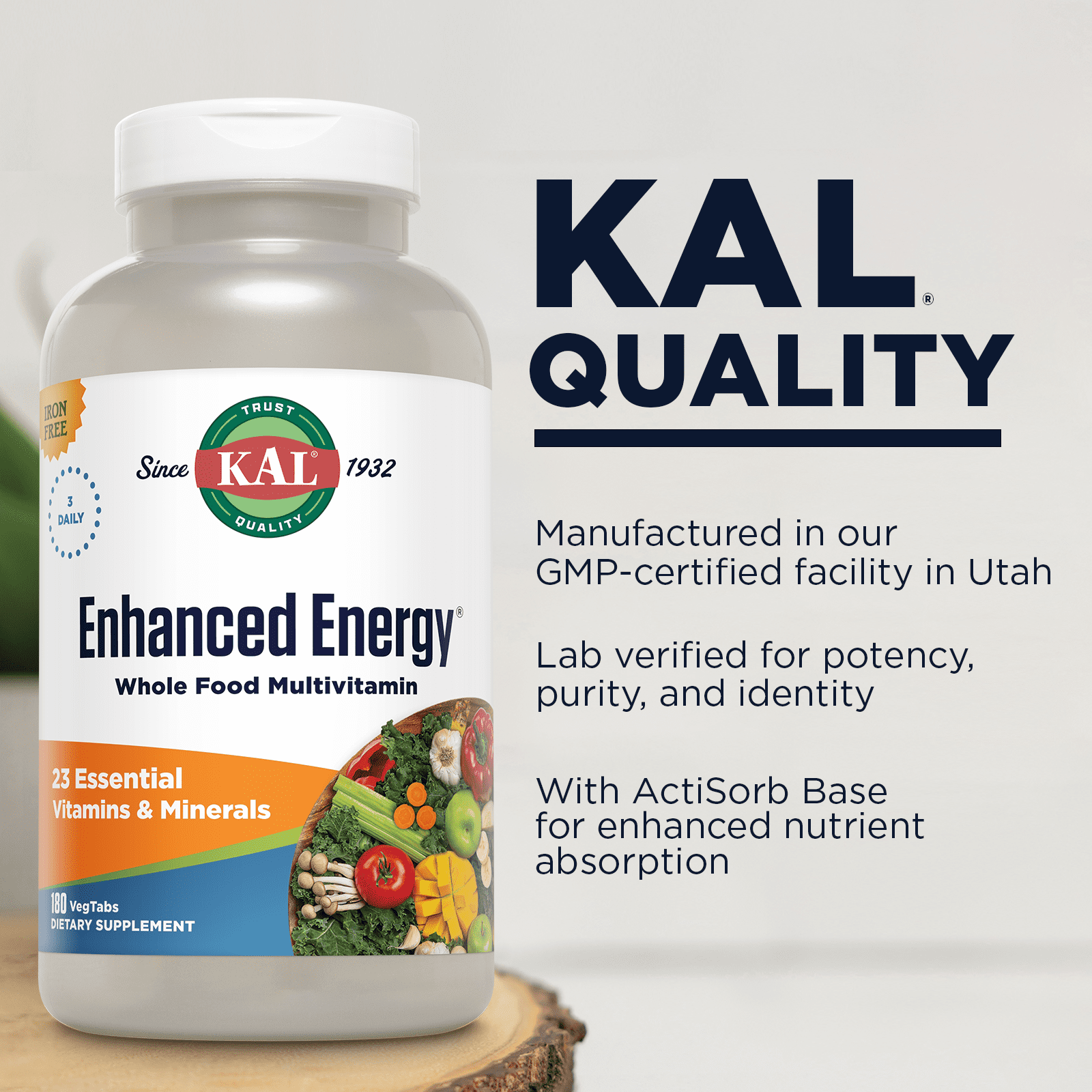 KAL Enhanced Energy Multivitamin | Whole Food Based Vitamins & Minerals w/ Antioxidants, Digestive Enzymes & Natural Carotenoids | 180 Capsules