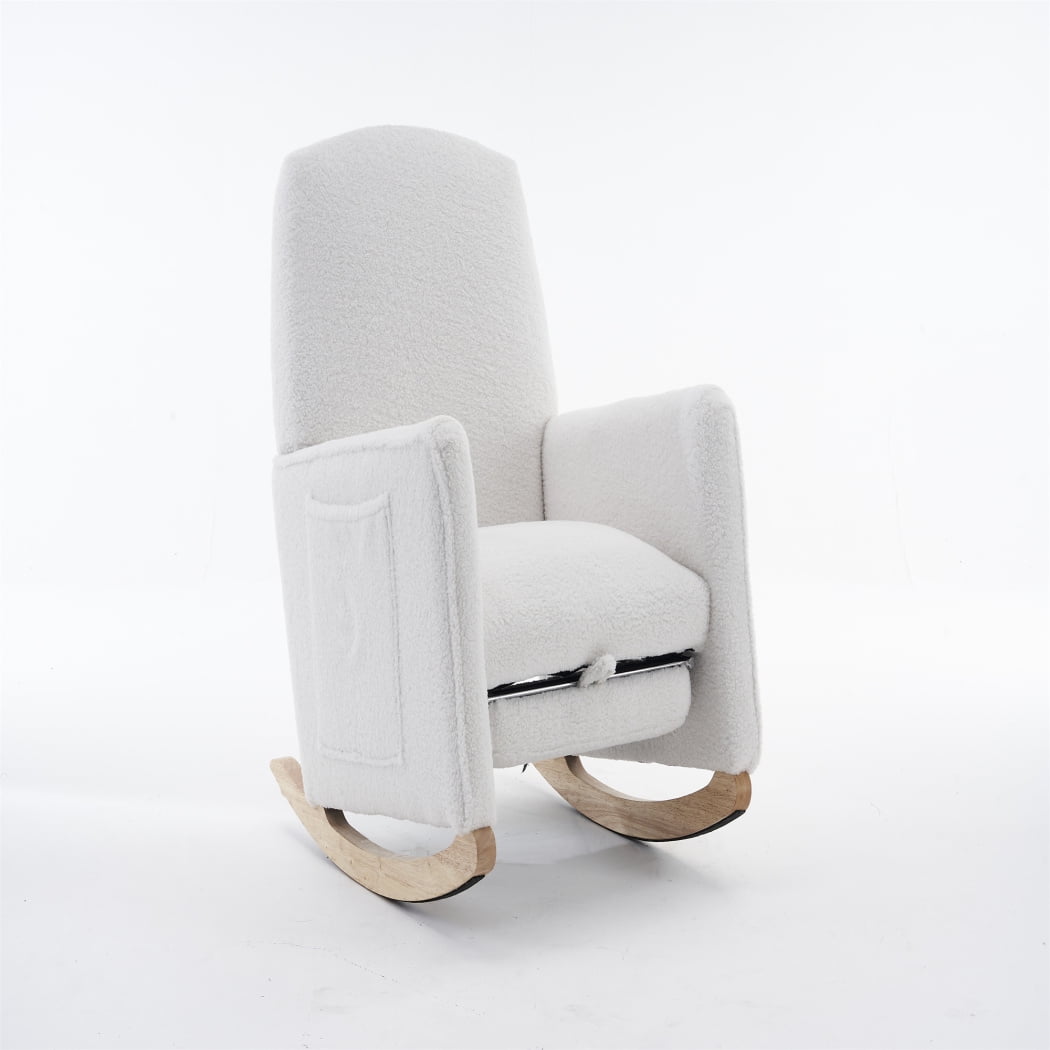 Rocking Chair Nursery, Nursery Rocking Chairs with Adjustable Footrest and Side Pocket, Comfy Rocking Chairs in Teddy Fabric, Reading Arm Glider Chair for Living Room, Bedroom, Offices, Ivory