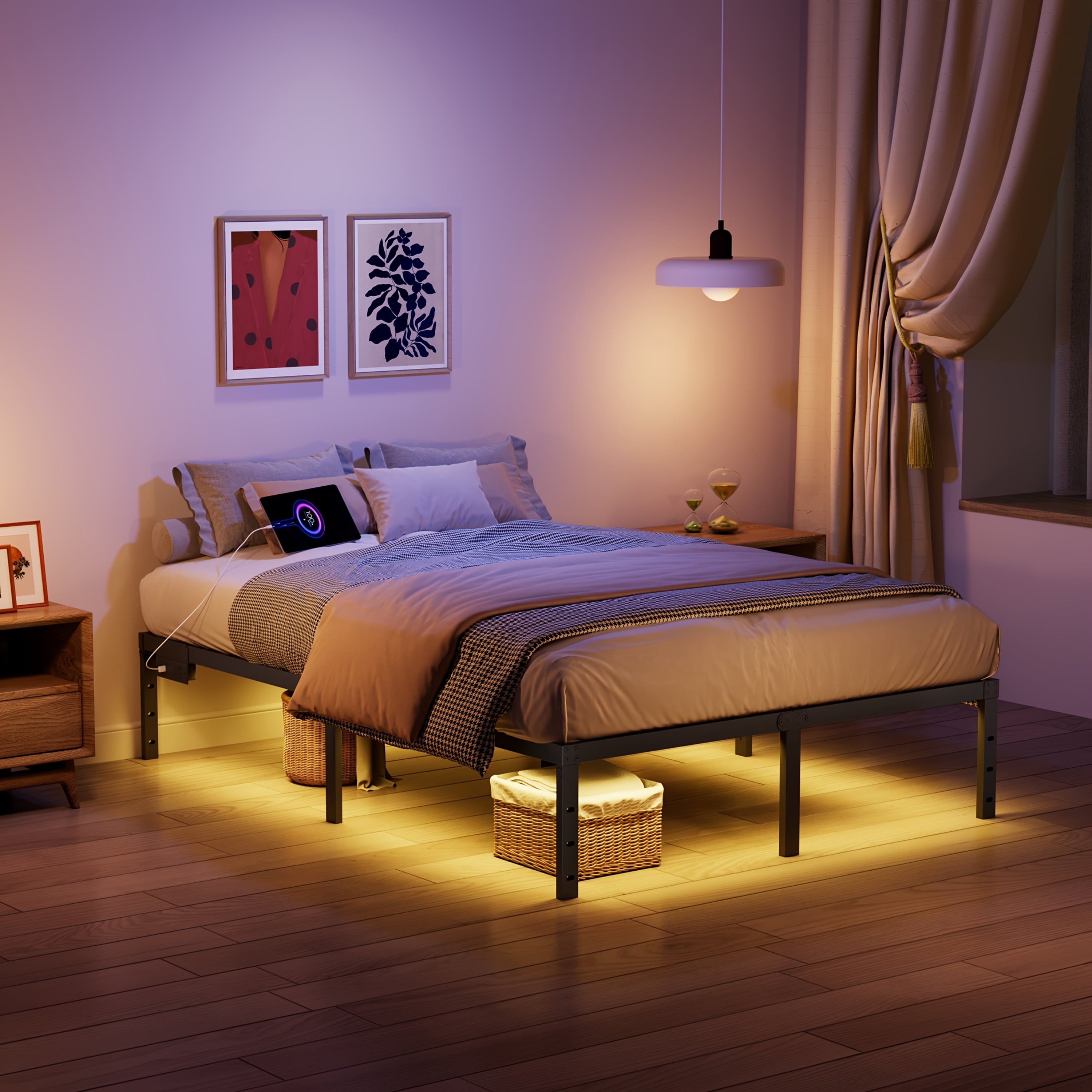 WANTAI 14 inch Queen Heavy Duty Metal Platform Bed Frame with Charging Station and LED Lights, No Box Spring Needed, Easy Assembly, No Noise