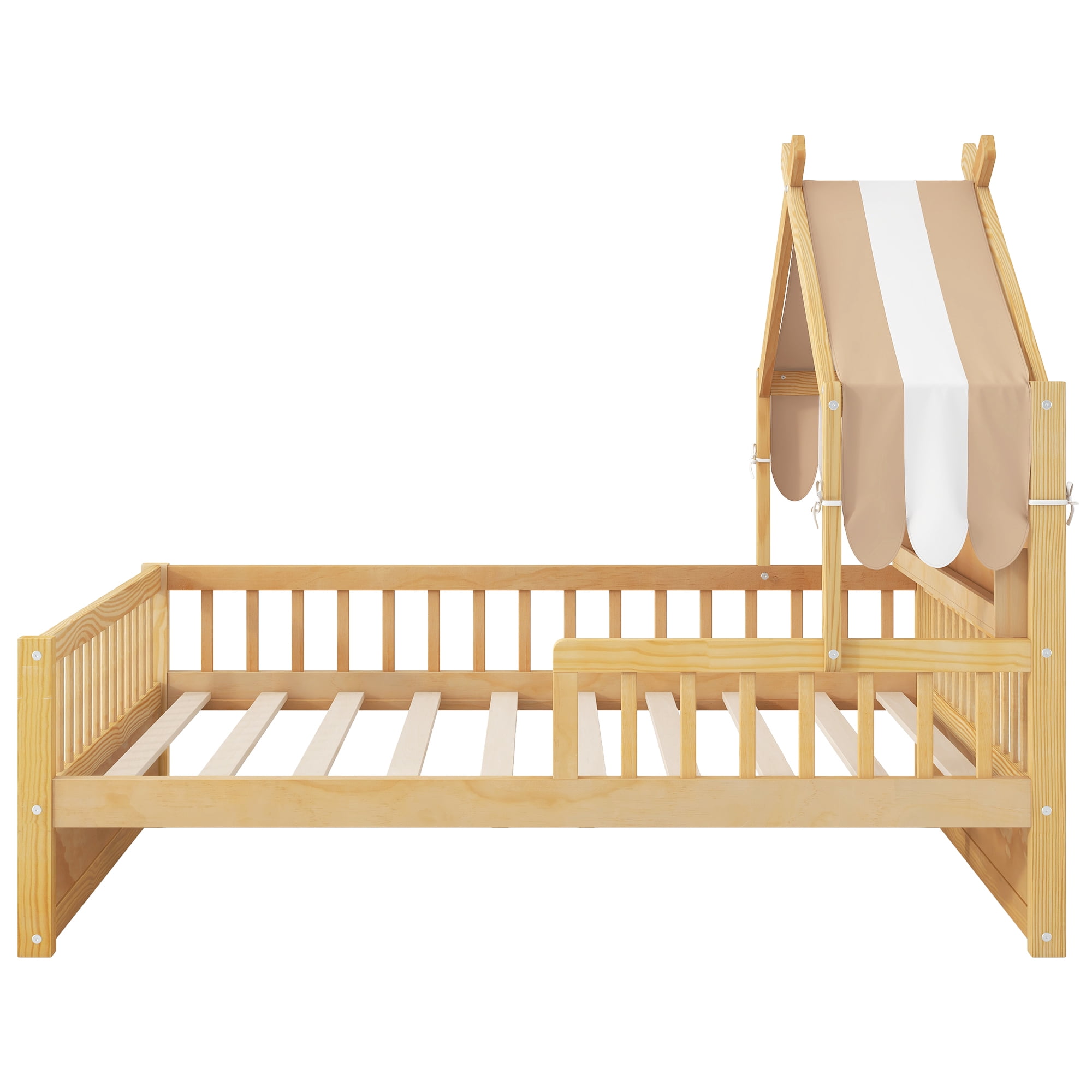Euroco Wood Twin Size Platform Bed with Storage Headboard and Canopy, Natural
