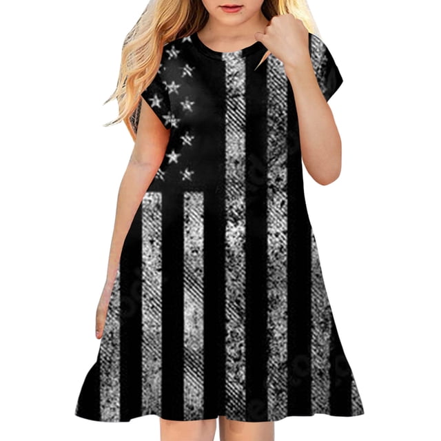 Robe d'Été Fille Jour de l'Indépendance Imprimé Graphique Manches Courtes Douce Robe de Princesse de Fête Robes Filles Noir 4 Ans-5 Ans