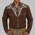 thumbnail image 2 of Mens Polo T-Shirt Western Cowboy Long Sleeve Embroidered Slim Fit Button Down Pockets Mens Graphic T-Shirts,Brown,M, 2 of 4