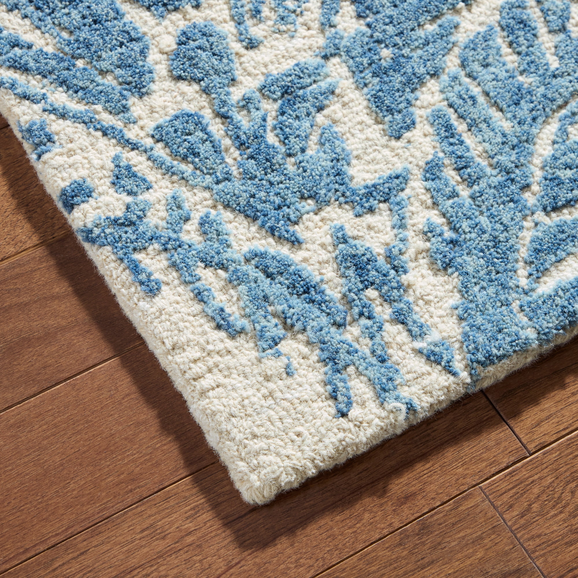NICOLE MILLER NEW YORK Mod Damask Chambray Handcrafted Area Rug, 100% Wool Rug, Blue, 5'x7’