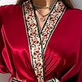 thumbnail image 3 of Aueoeo Womens Silk Robe Printed Trim Satin Robe 3/4 Sleeve Short Bride Robe Comfy Sleepwear Minority Nightgown Red L, 3 of 5