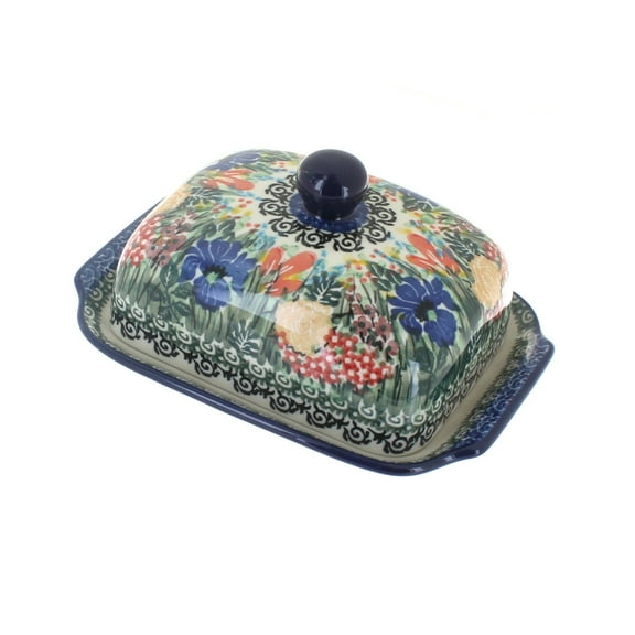 Blue Rose Polish Pottery Summer Blooms Butter Dish