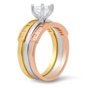 925 Sterling Silver Tri-Color Diamond CZ 3pc Stackable Ring Set