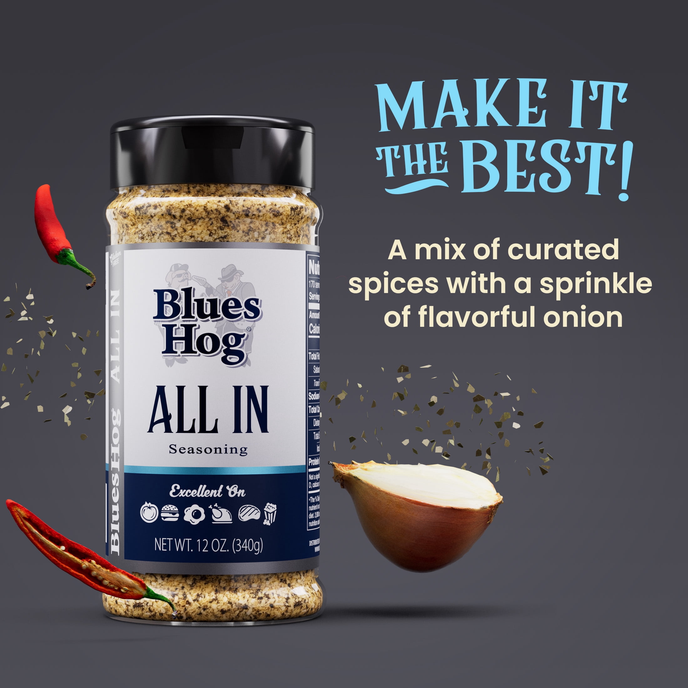 Blues Hog All In BBQ Seasoning, Gourmet All Purpose Rub, All-Natural, Gluten-Free, 12 oz