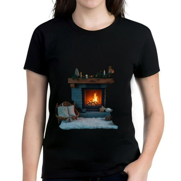 Cozy Cotton Short Sleeve T-Shirt for Women - Festive Holiday Pattern with Christmas Trees and Lights