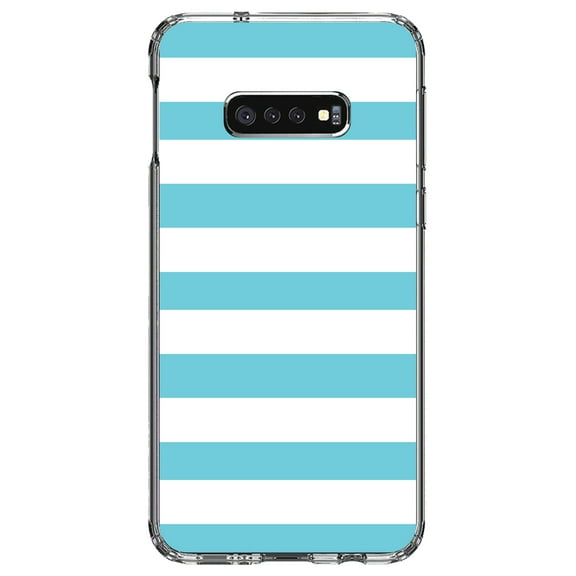 DistinctInk Clear Shockproof Hybrid Case for Samsung Galaxy S10e (5.8" Screen) - TPU Bumper, Acrylic Back, Tempered Glass Screen Protector - Blue & White Bold Horizontal Stripes