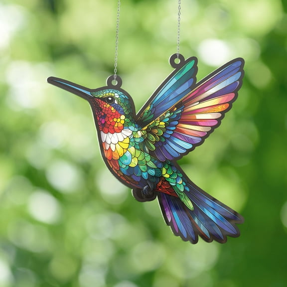 Lotusprinthandmade Hummingbird with Floral Custom Shape Window Hanging Acrylic Ornament (4x4), floral hummingbird window hanging