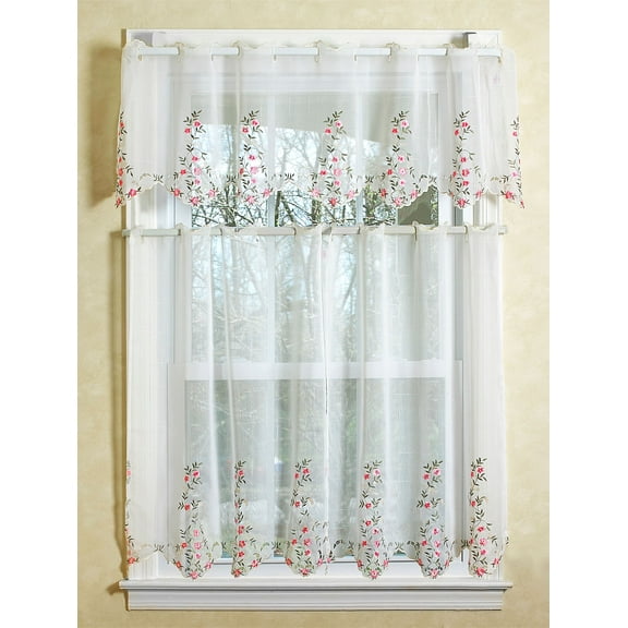 Lima Sheer White Kitchen Curtain Set With Embroidered Flowers Design