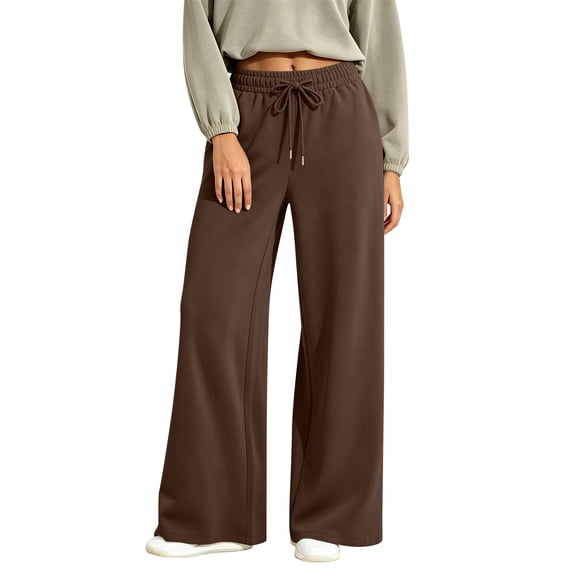 Sorvello Womens Wide Leg Baggy Sweatpants Fleece Lined Lounge Sweat Pants,Drawstring Sweatpants with Pockets, Fall Winter Brown L