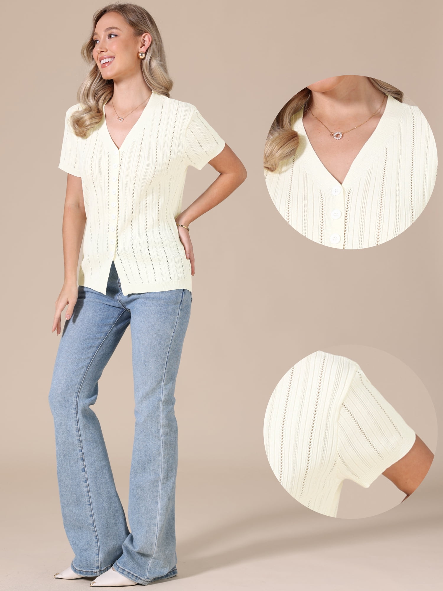 DARING DIVA Women's Eyelet Tops V Neck Short Sleeve Knit Button Down Shirts M Beige