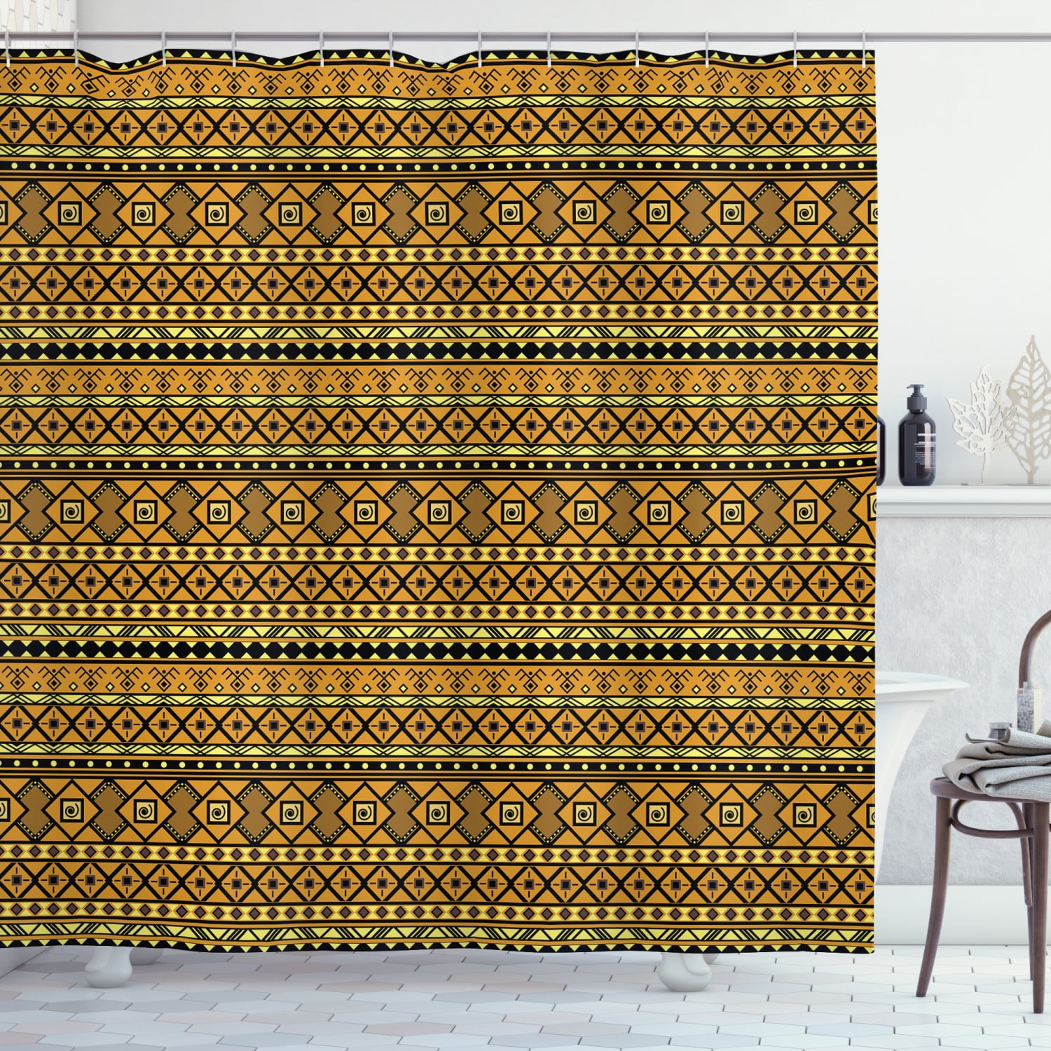 Tribal Shower Curtain, Geometric Pattern with African Ethnic Origins Exotic Folk Influences