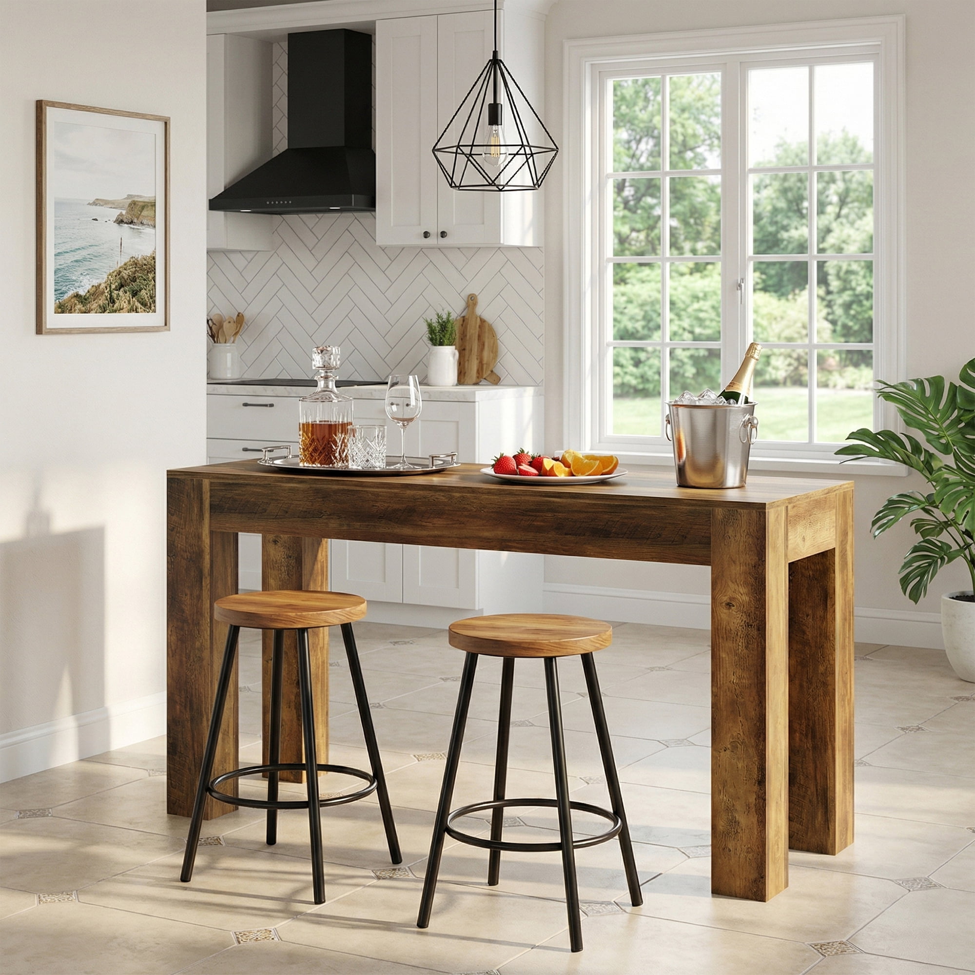 MAYEERTY 63 Inch Long Rectangular Counter Height Pub Table, Farmhouse Wooden Bar Table with Four Sturdy Legs for Breakfast Nook and Home Gathering