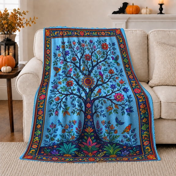 Tree of Life with Birds on Blue, Cheerful Folk Art Style for Garden Lovers, Blooming Bird Garden Scene and Housewarming Gift, Soft Flannel Blanket for Sunroom and Bedroom, Home Decor