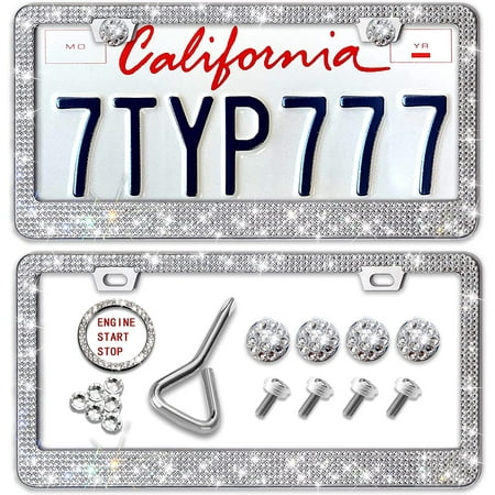 Bling License Plate Frames for Men, Women-Diamond Rhinestone License Plate Frame 2 Pack Bedazzled Handcrafted Stainless Steel Frames-Sparkly Car License Plate Cover White|Glitter Crystal Caps