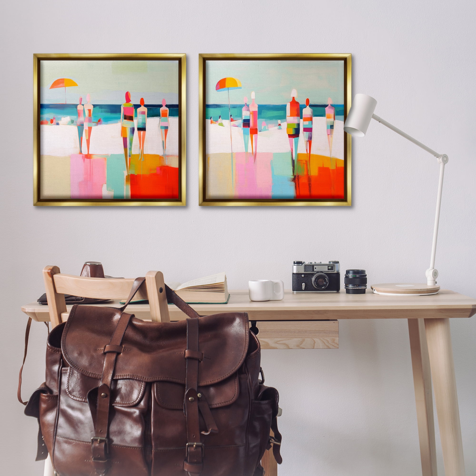 Stupell Industries Abstract Beach Goers People Painting Gold Floater Framed Canvas Art Print Wall Art, 25 x 25, Set of 2