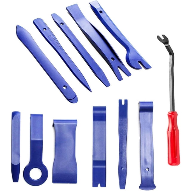 Kit de herramientas para coche - Cuña para desmontar molduras interiores - Palanca con extractor de clips integrado - Juego de 12 herramientas de plástico para molduras - Azul