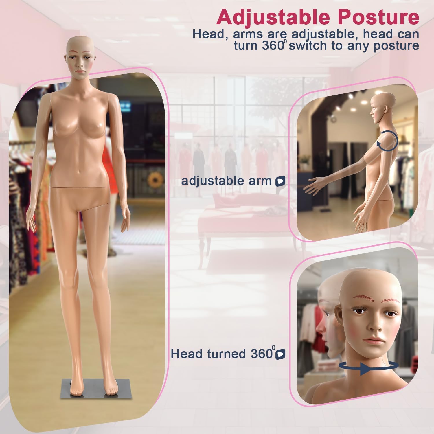 Dkelincs Female Mannequin Torso 69" Full Body Realistic Manikin Adjustable Sewing Dress Form Model Display with Metal Base