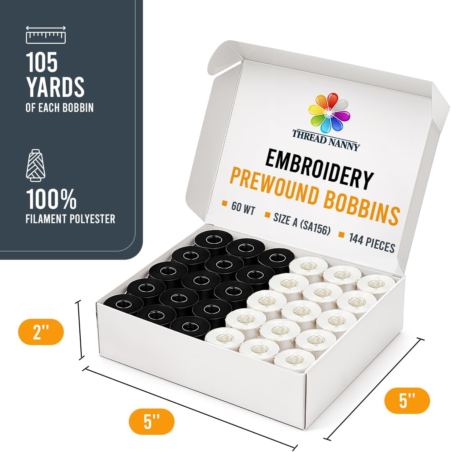 144 Black & White Pre-Wound Bobbins for Brother Embroidery Machines Compatible with PE-700, PE700II, PE-750D, PE-770, PE-780D, Innovis 1000, 1200, 1250D and New Babylock Ellure, Emore