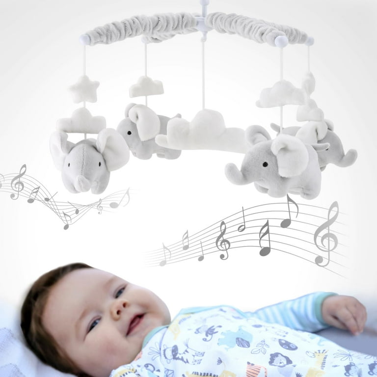 Grey Digital Musical Mobile with Elephants, Clouds and Stars by The Peanut  Shell