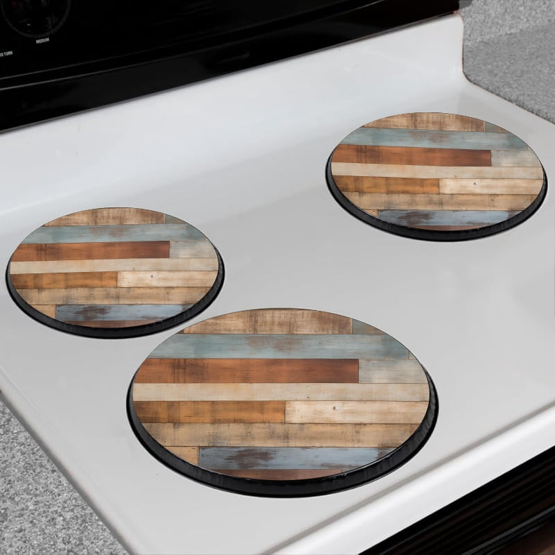BaHomeck Electric Stove Burner Covers Set of 4,Round Metal Gas Stove Burner Covers 8 Inch and 10 Inch,Kitchen Decor,The Background Wall Made Of Wooden Planks With Different Colors