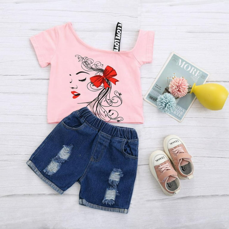 EFINNY Toddler Baby Girl Summer Outfits Off Shoulder Shirt Top and Jeans Shorts Clothes Set, Girls Short Sleeve T-Shirt Tees Portrait with Ripped