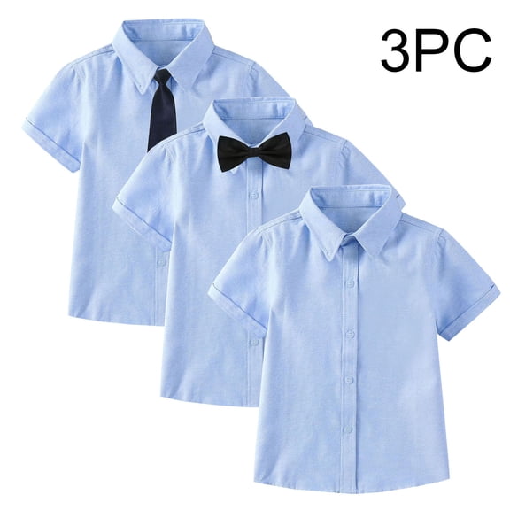 3 Pack School Uniform Set for Boys Short Sleeve Button Up Shirt with Tie Summer Dress Shirt Blue