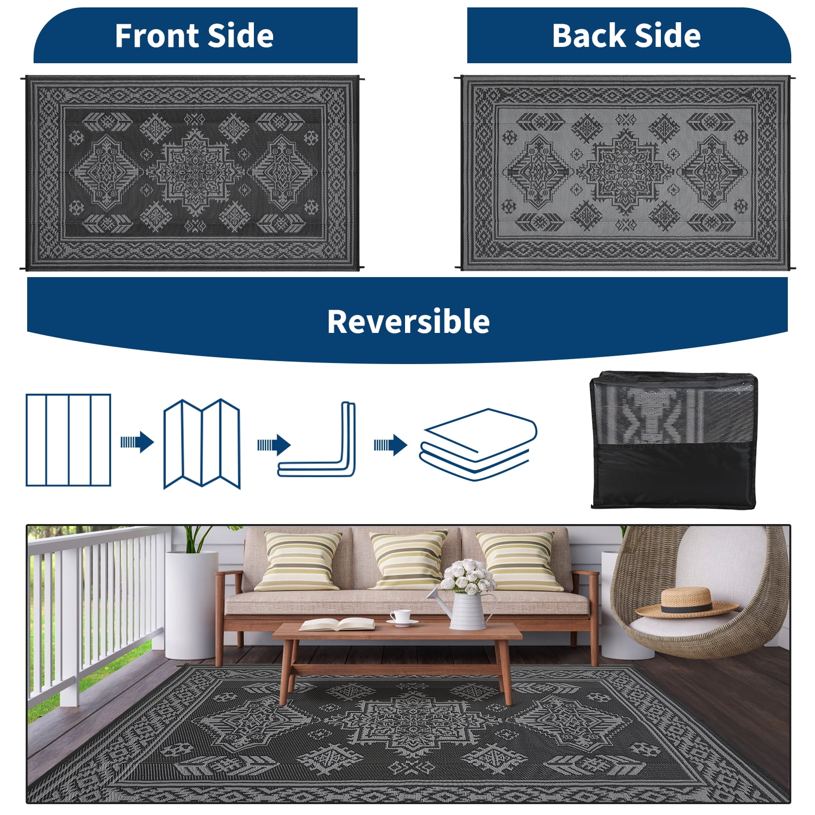 Nanan 9'x18' Indoor Outdoor Rug Boho Waterproof Plastic Straw Patio Rug, Reversible RV Camping Carpet for Backyard, RV, Deck, Porch, Balcony, Black