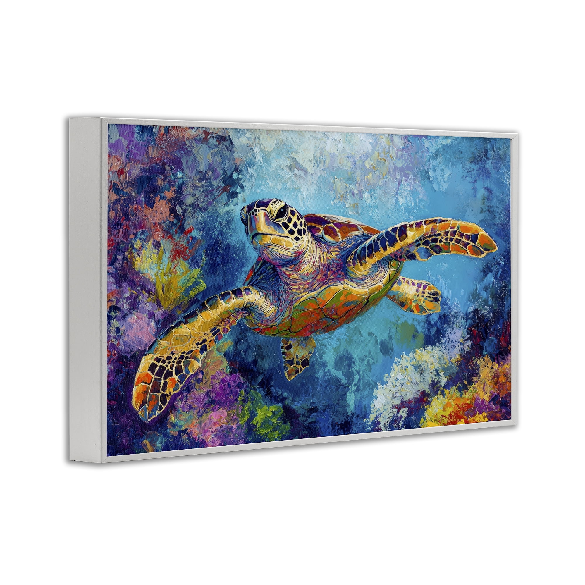 Stupell Industries Colorful Sea Turtle over Coral White Framed Giclee Art, design by Petal Prints Design