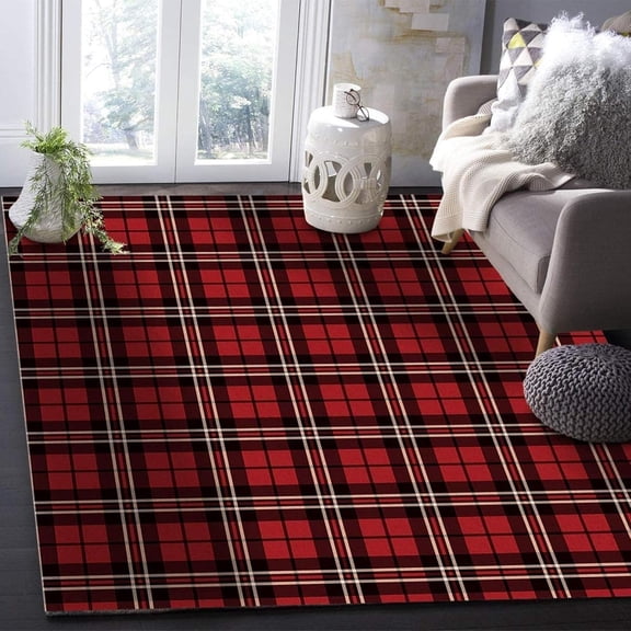 Fashion Buffalo Red Scottish Plaid Area Rugs Modern Geometric White Lines Stitching Large Rug Indoor Non Slip Room Sofa Living Bedroom Home Decor Floor Mats 2x3 Carpet Non-slip