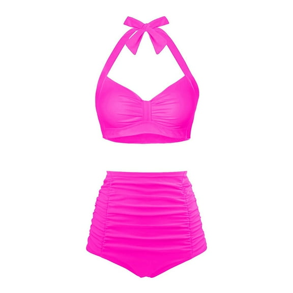 Hessimy High Waisted Bikini Set for Women Two Piece Tummy Control Vintage Swimsuit Retro Halter Bathing Suit with Bottom(Hot Pink,M)