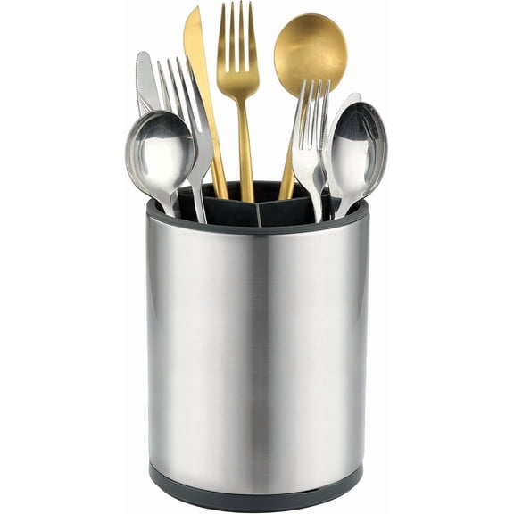 360° Rotating Kitchen Utensil Holder, 3 Compartment Stainless Steel Silverware Container, Space-Saving Countertop Organizer for Spatulas, Ladles & Cooking Tools