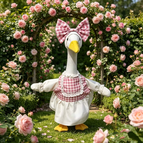 SHENGXINY Porch Goose Outfit, Checkered Dress with Bow Goose Clothes for Front Door Terrace Garden Decoration Pink 23 in