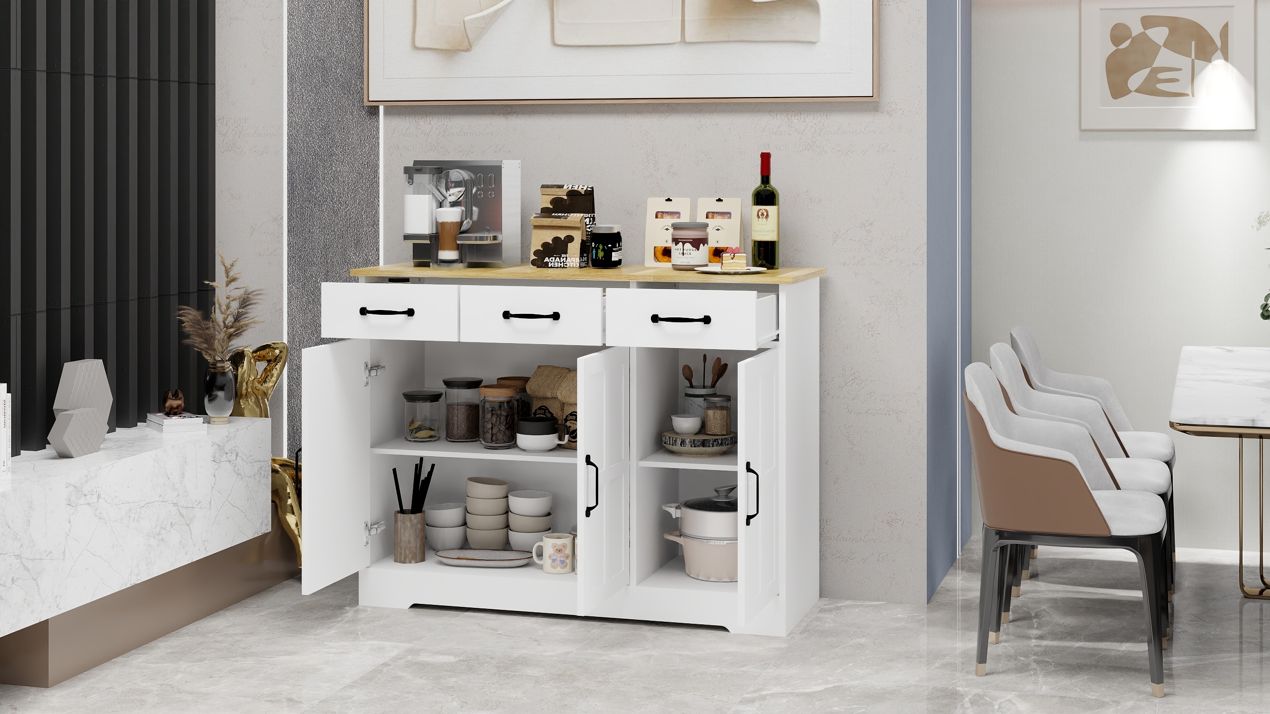 PORKISS Farmhouse Storage Cabinet with 3 Drawers and 3 Doors, Buffet Cabinet Sideboard for Dining Living Room Kitchen, 43" White