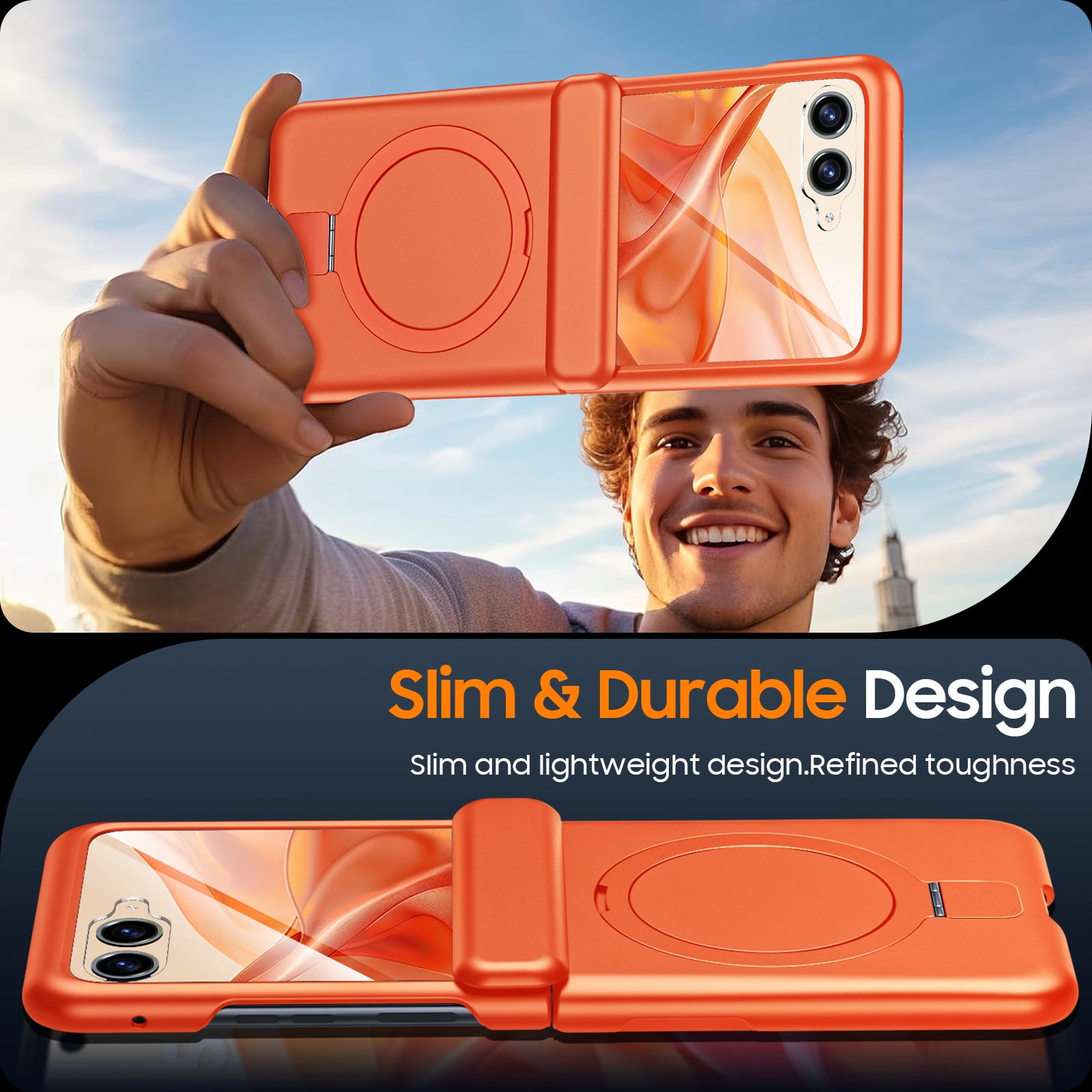Oupeigar For Motorola Razr 2026/2025/2024 Phone Case,Built-in Screen Protector,Magnetic Ring Stand,Ultra-Thin Full-Body Shockproof Rugged Case-Orange
