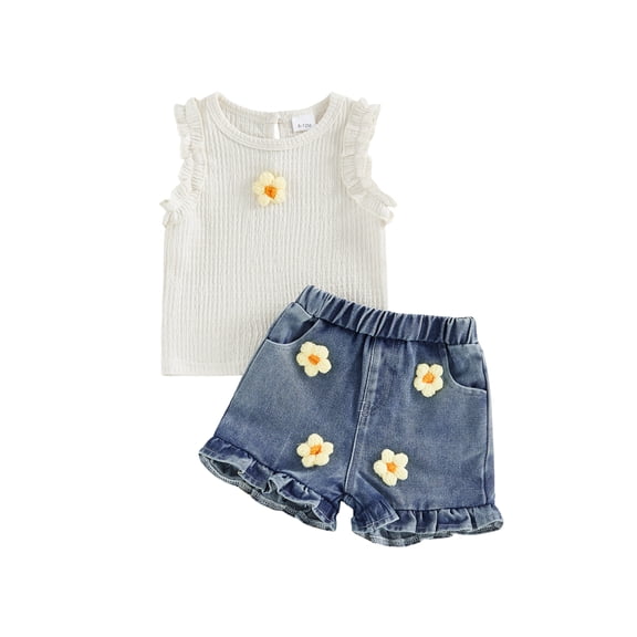 Spewahor Toddler Baby Girls Summer Outfits 6 12 18 24 Months 2T 3T 4T Adorable Flower Applique Sleeveless Round Neck Tops and Denim Shorts Set