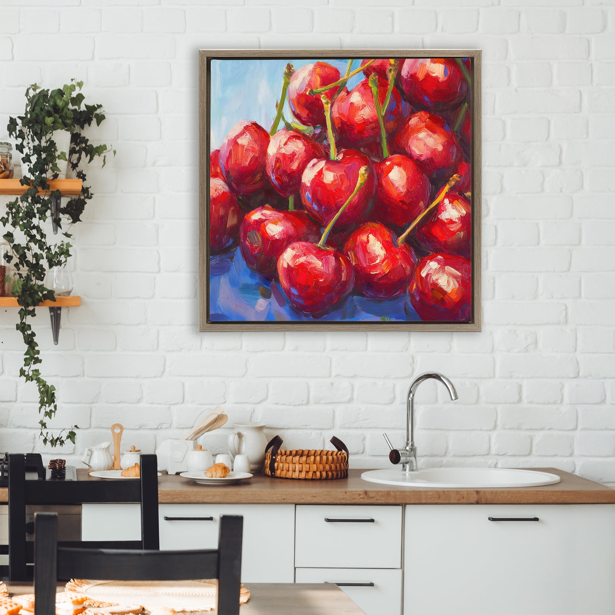 Stupell Industries Luscious Red Cherries of Summer Brown Framed Floater Canvas Wall Art, design by Petal Prints Design
