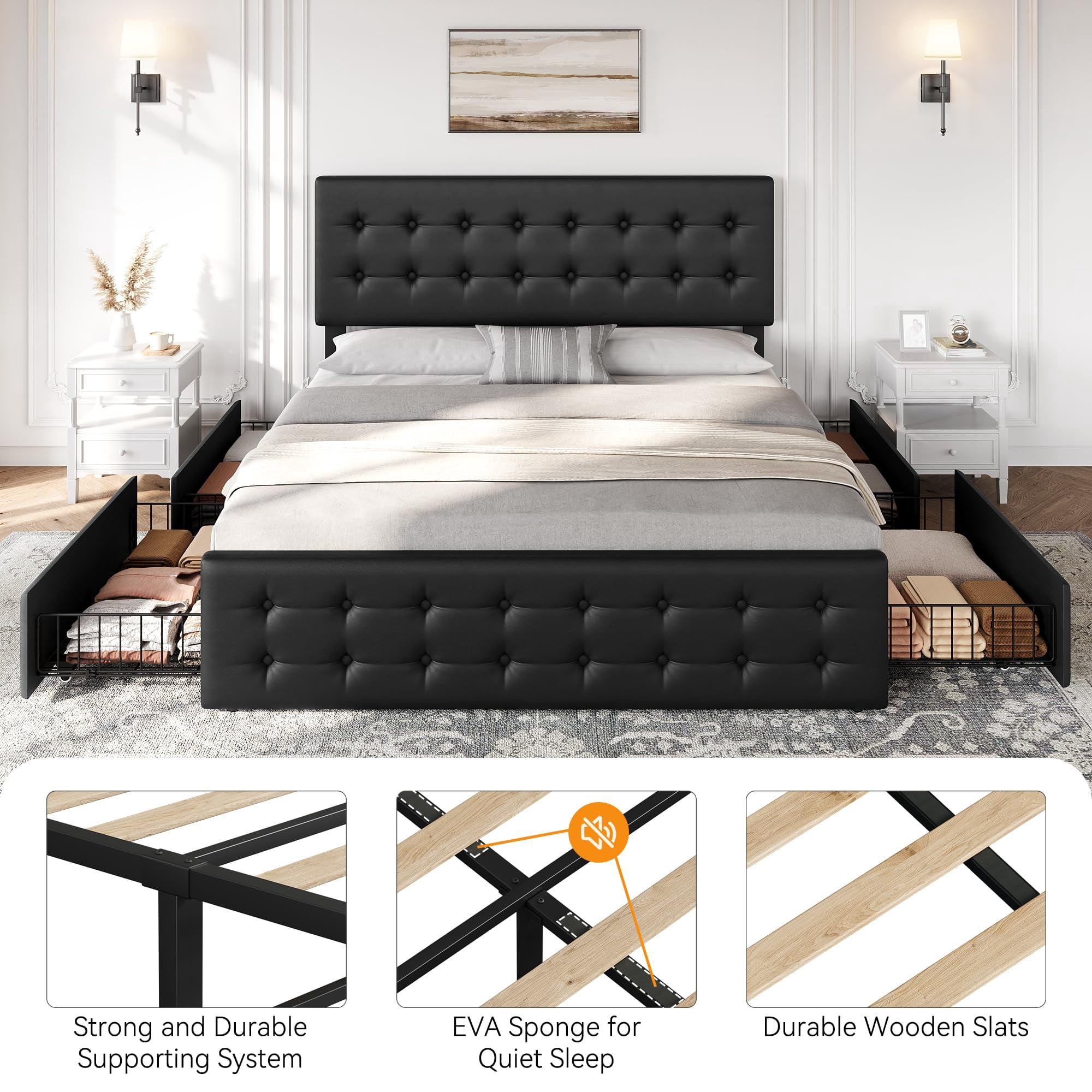 Maritcute King Size Bed Frame with 4 Storage Drawers and Adjustable Headboard, Upholstered Mattress Foundation with Skin-Frienly Linen, No Box Spring Needed, Black