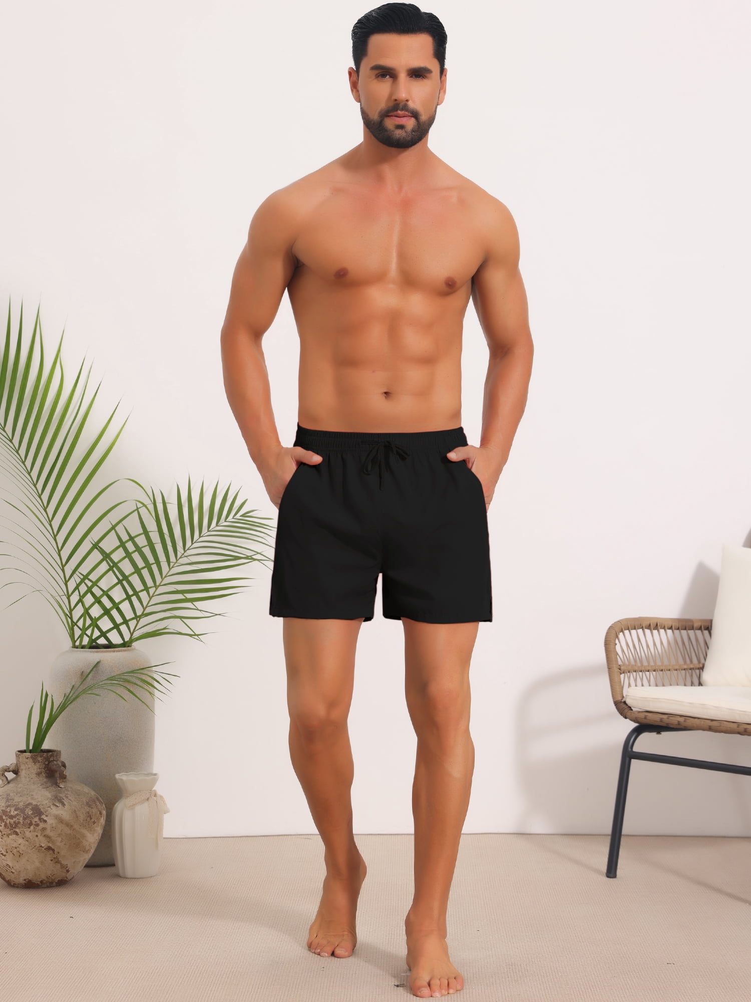 DARING DIVA Men's Summer Beach Elastic Waist Solid Board Shorts with Pocket 36 Black