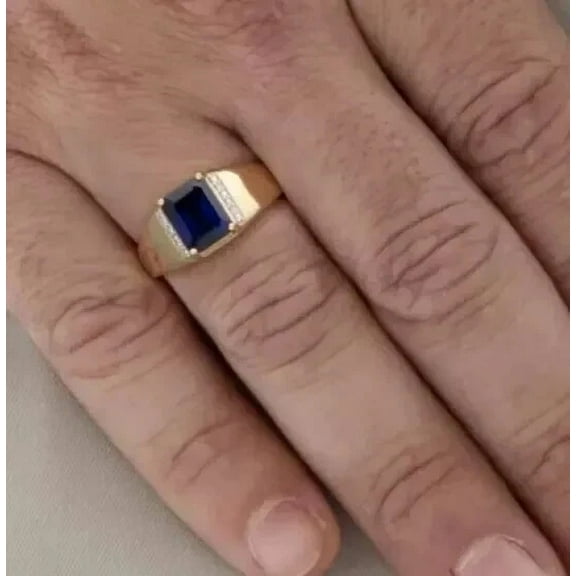 Men's Pretty Solitaire Wedding Ring 14k Yellow Gold Plated 2Ct Emerald Cut Simulated Blue Sapphire 925 Silver